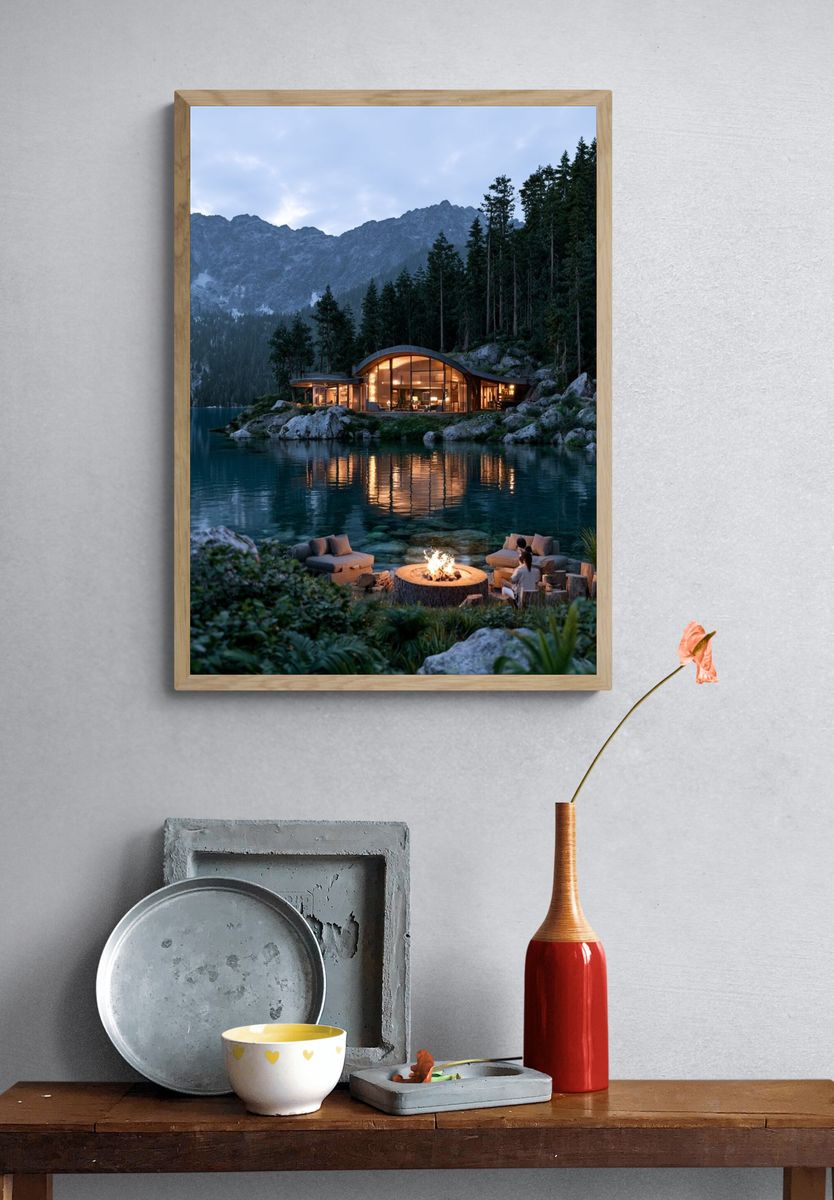 Lakeside Mountain Cabin Photography Poster. — room view 3