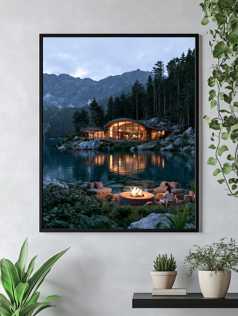 Lakeside Mountain Cabin Photography Poster. — room view 4