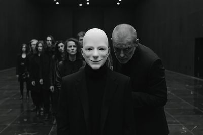 Masked Figures Dark Portrait Print. poster
