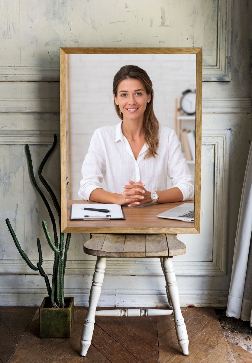 Smiling Woman at Desk Photography Poster. — room view 1