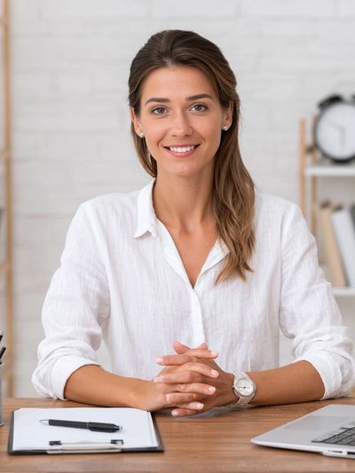 Smiling Woman at Desk Photography Poster. poster