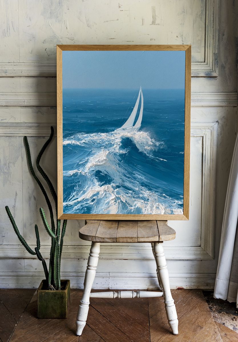 Sailing Through Blue Waves Poster. — room view 1