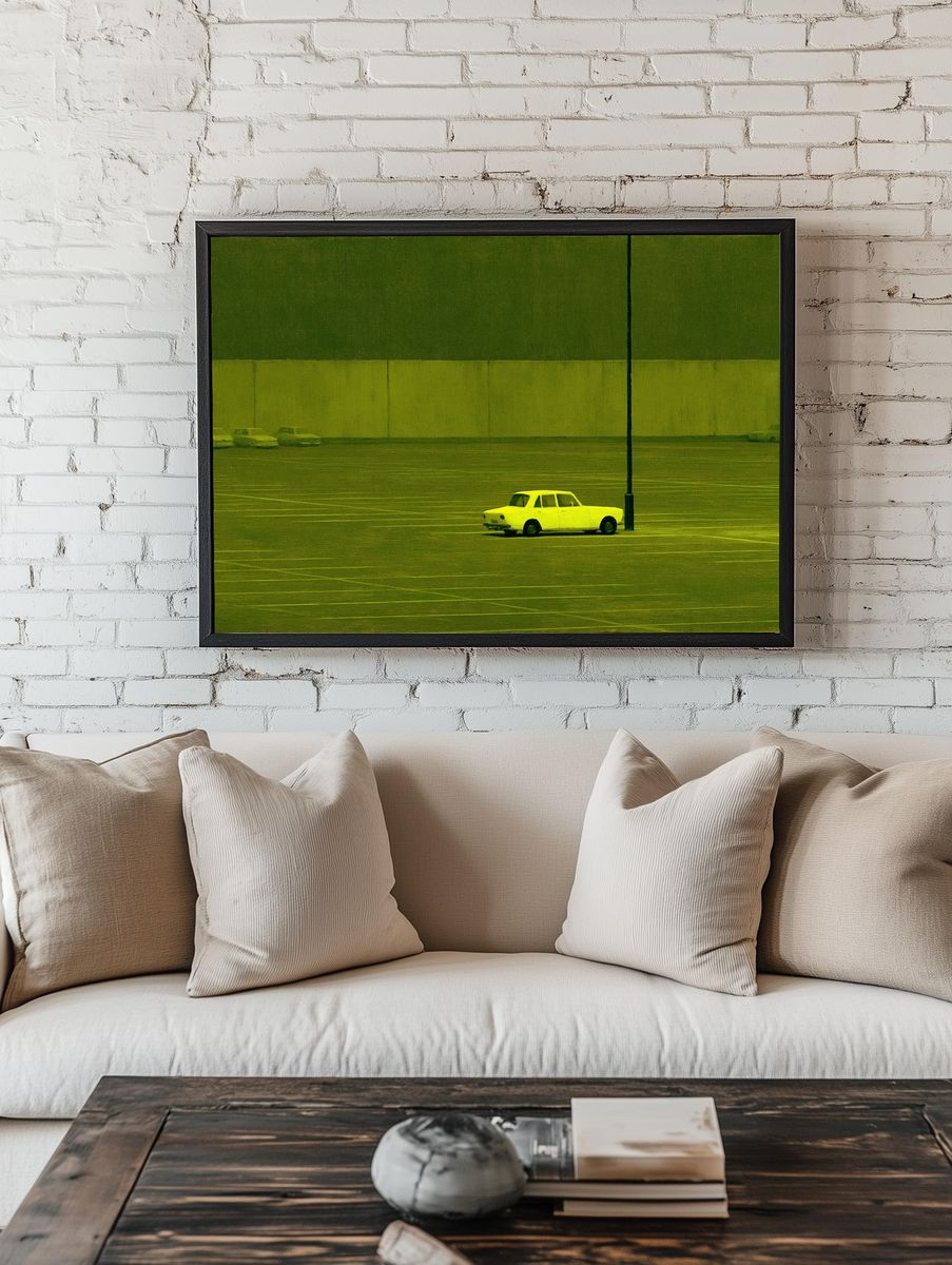 Lonely Car in Parking Lot Photography Poster. — room view 1