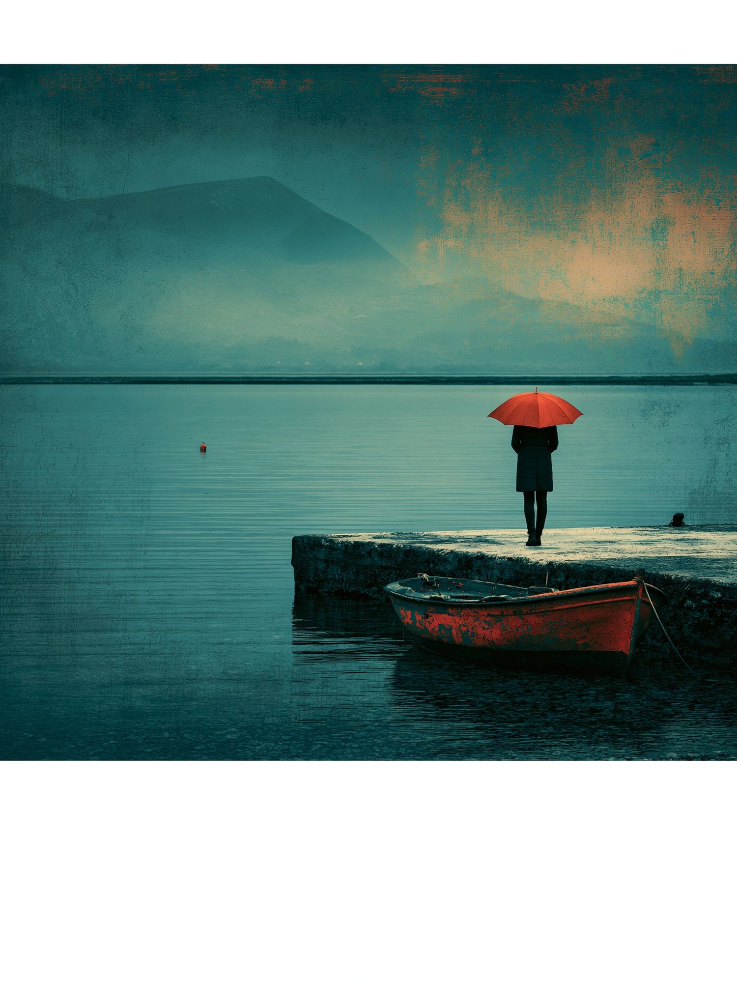 Red Umbrella Lakeside Print. poster detail