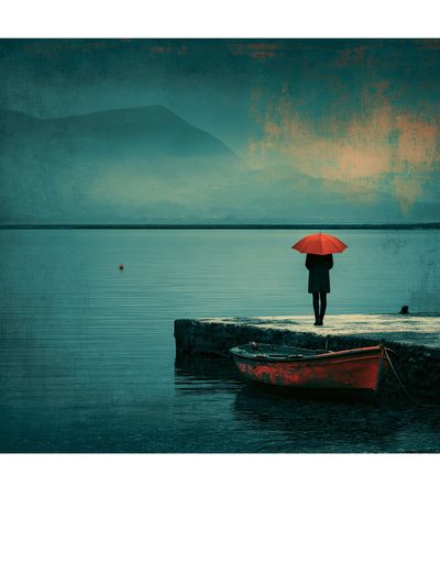 Red Umbrella Lakeside Print. poster