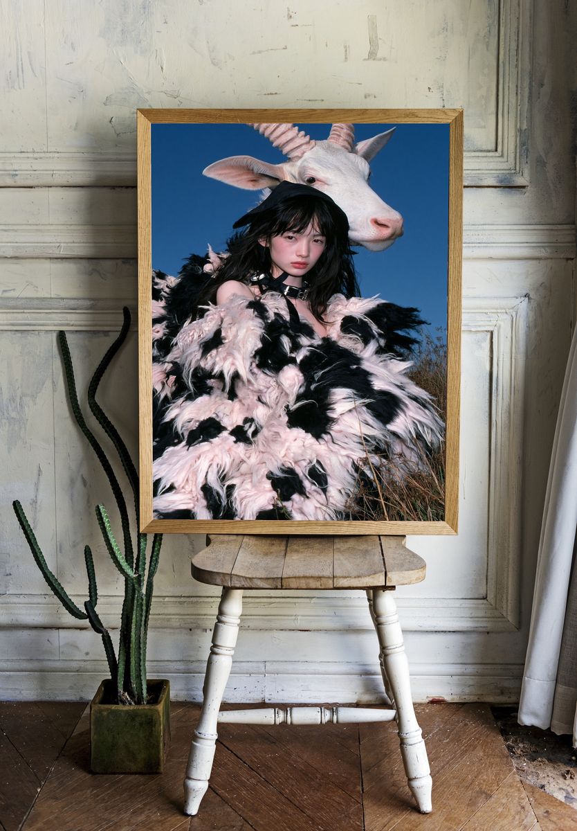Surreal Goat Portrait Print. room preview