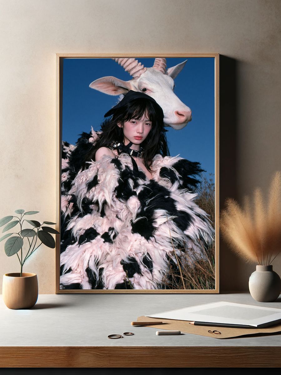 Surreal Goat Portrait Print. — room view 2