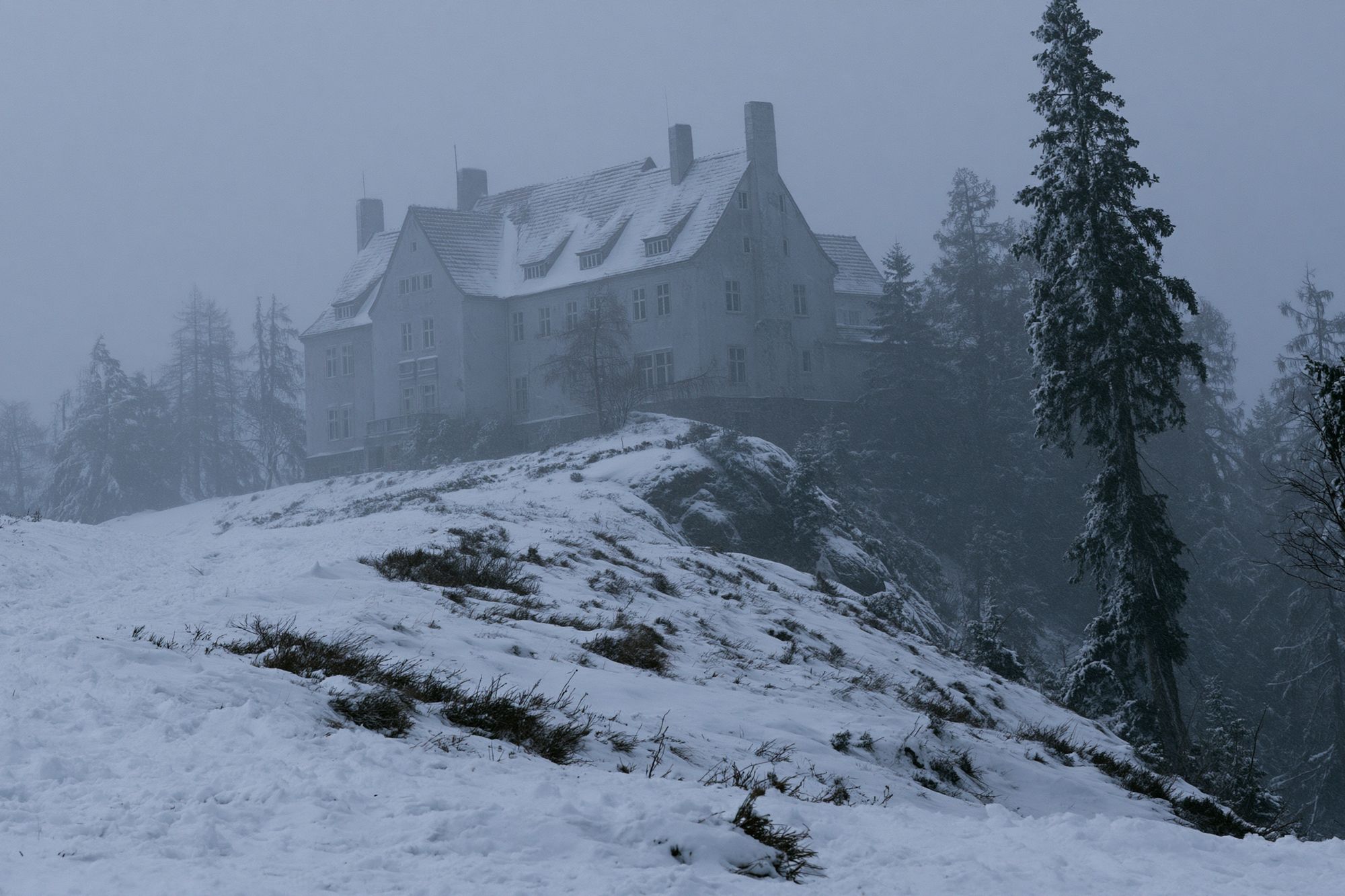 Snowy Mountain Manor Photography Poster. poster — photography art