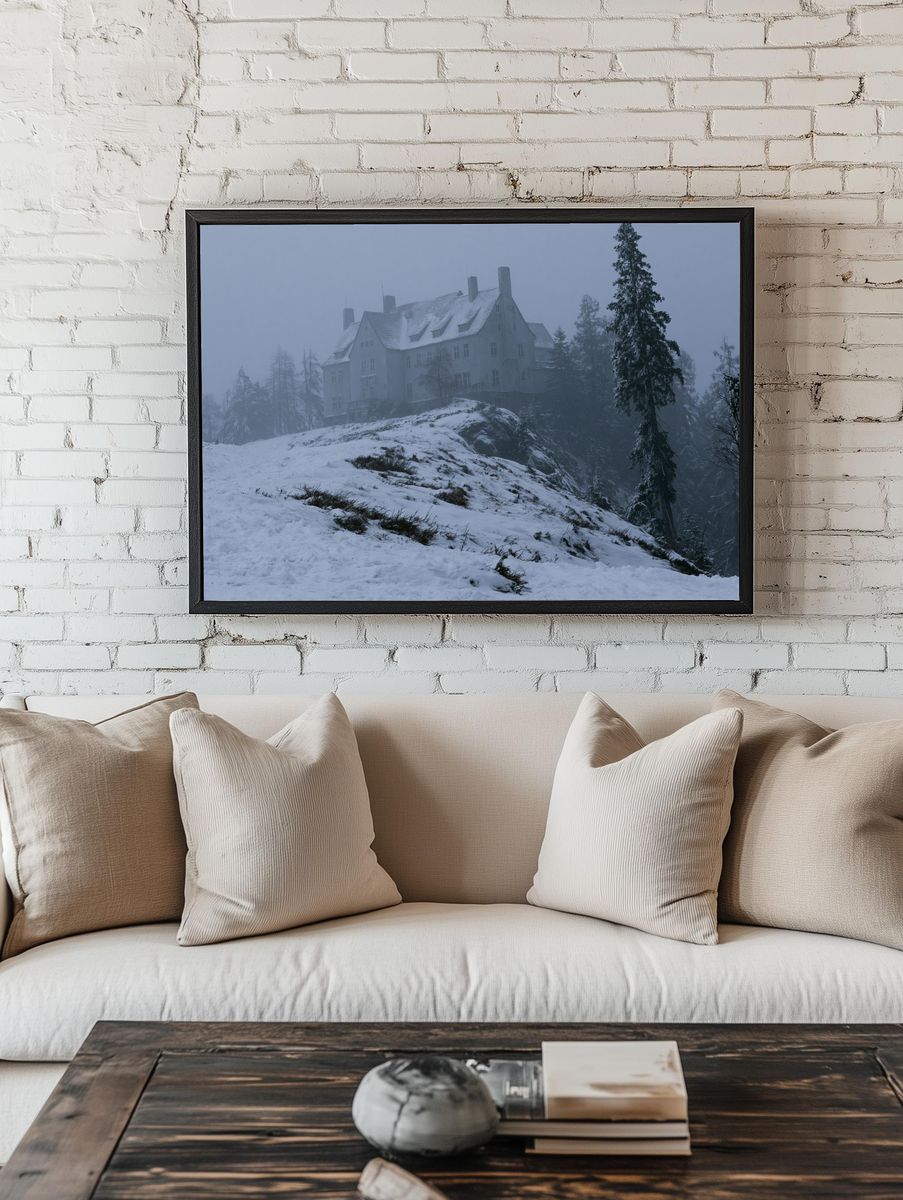 Snowy Mountain Manor Photography Poster. — room view 1