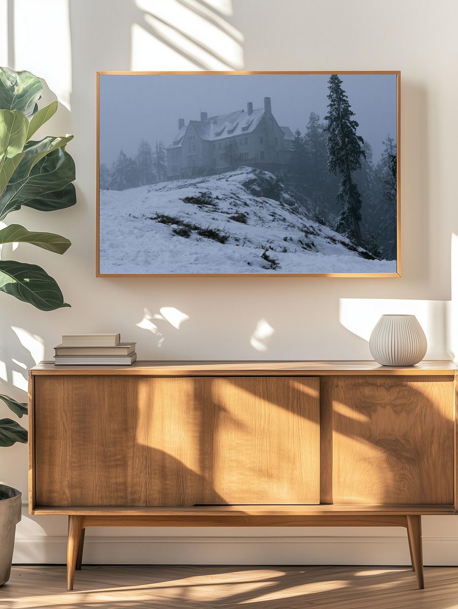 Snowy Mountain Manor Photography Poster. — room view 3