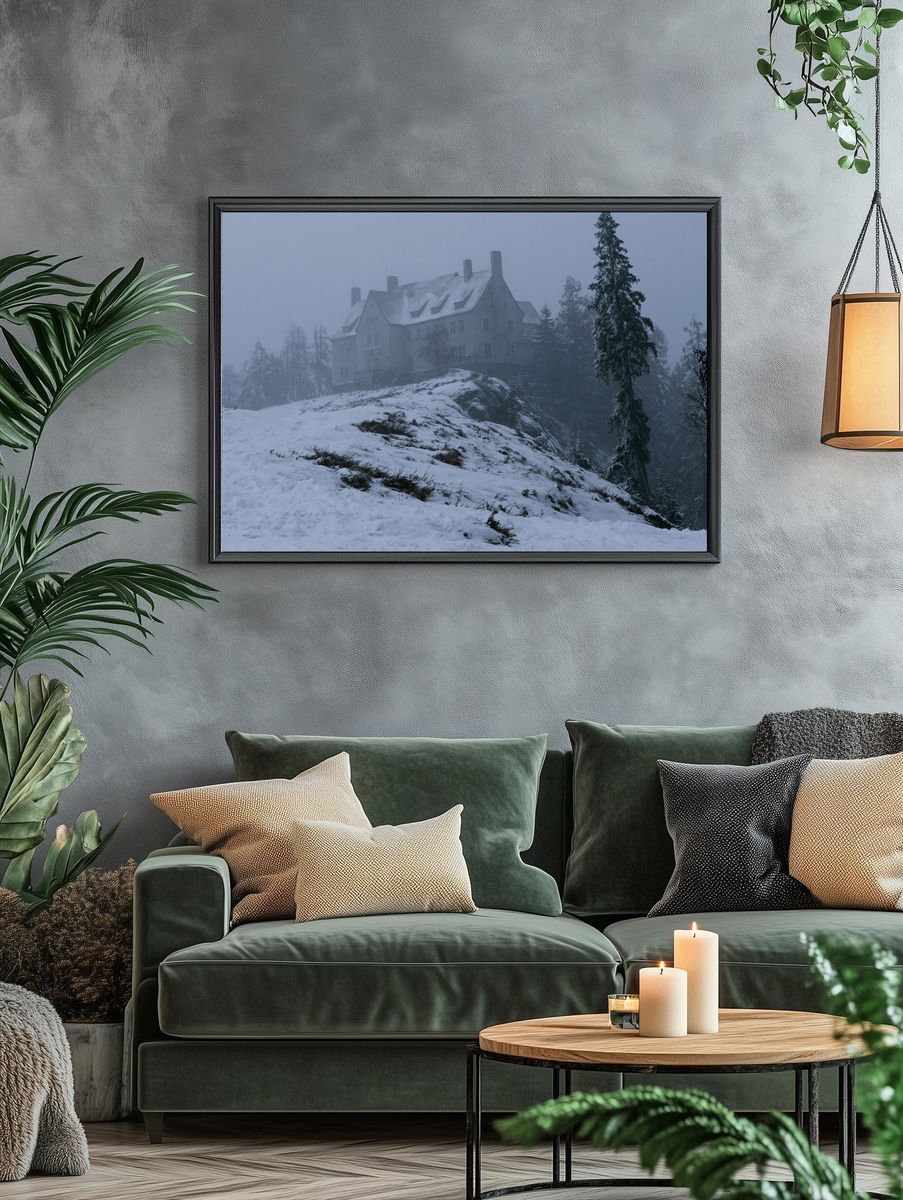 Snowy Mountain Manor Photography Poster. — room view 4