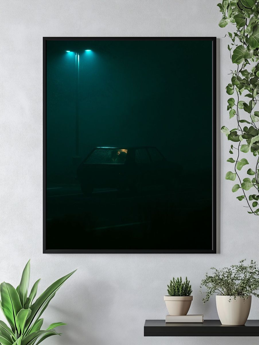 Nocturnal Car in Fog Photography Poster. — room view 4