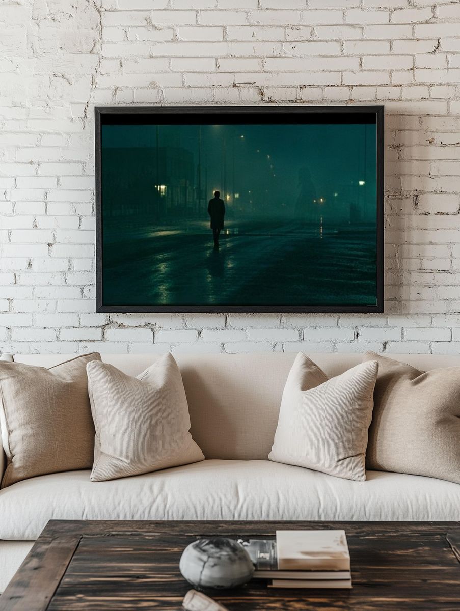 Lonely Figure in Foggy Street Photography Poster. — room view 1