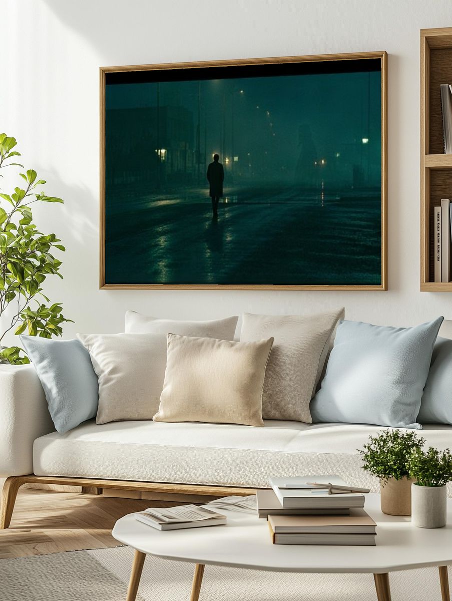 Lonely Figure in Foggy Street Photography Poster. — room view 2