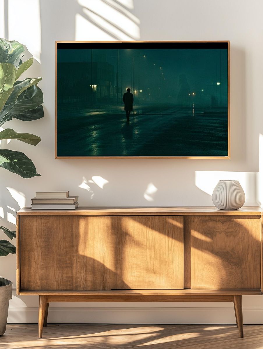 Lonely Figure in Foggy Street Photography Poster. — room view 3