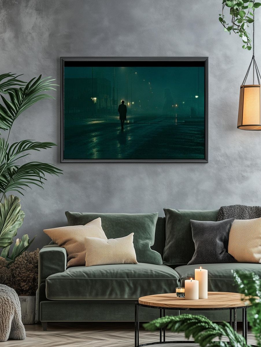 Lonely Figure in Foggy Street Photography Poster. — room view 4
