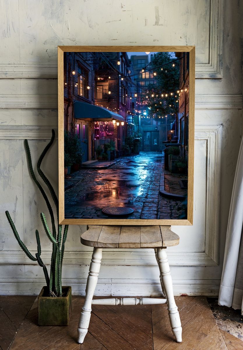Rainy Alley Lights Photography Poster. — room view 1