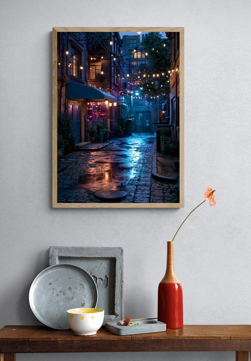 Rainy Alley Lights Photography Poster. — room view 3