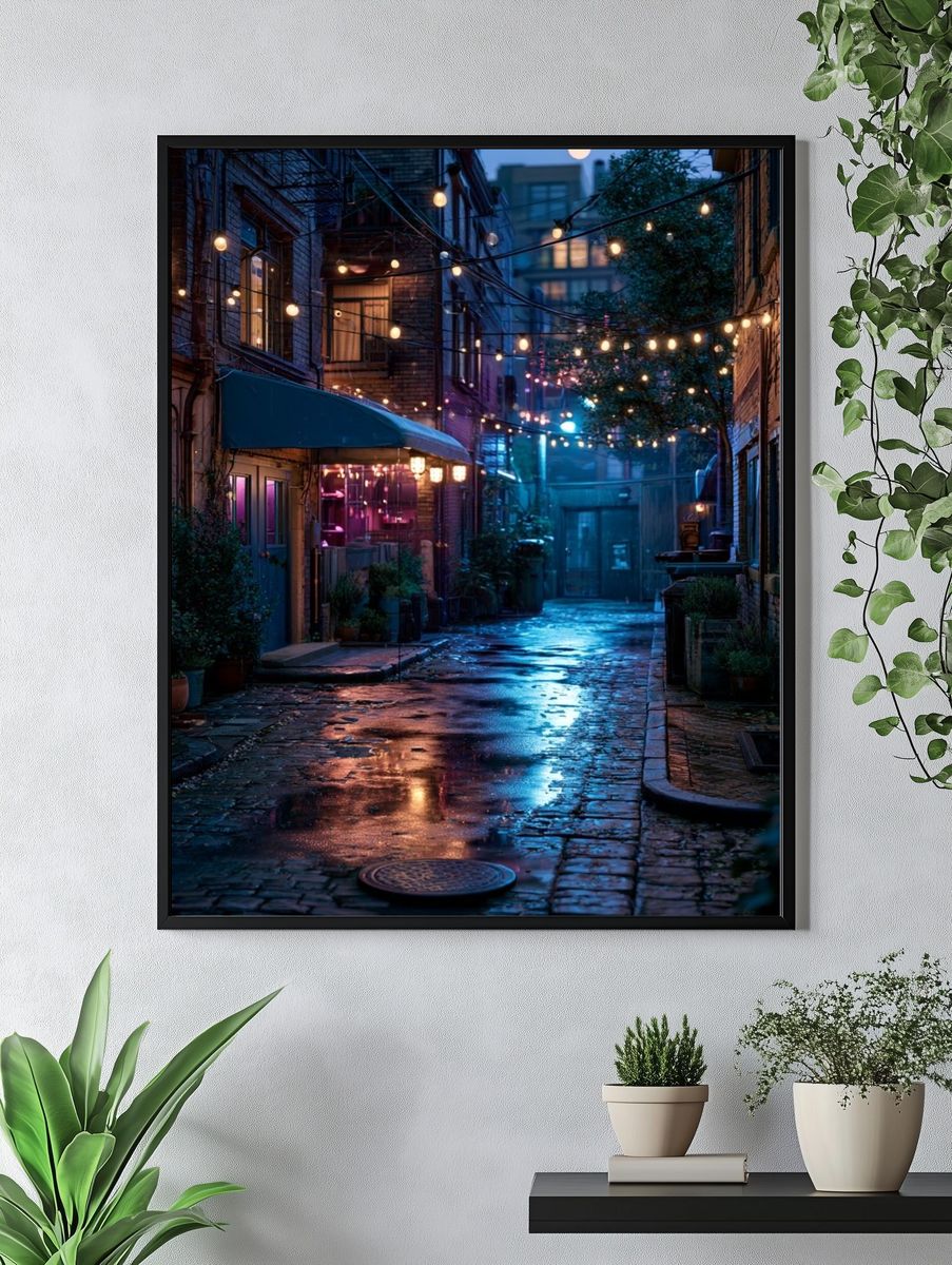 Rainy Alley Lights Photography Poster. — room view 4