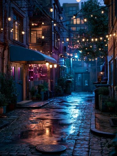 Rainy Alley Lights Photography Poster. poster