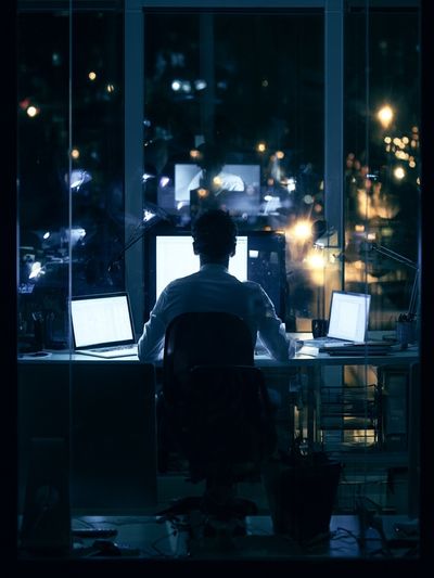 Night Office Workstation Photography Poster.