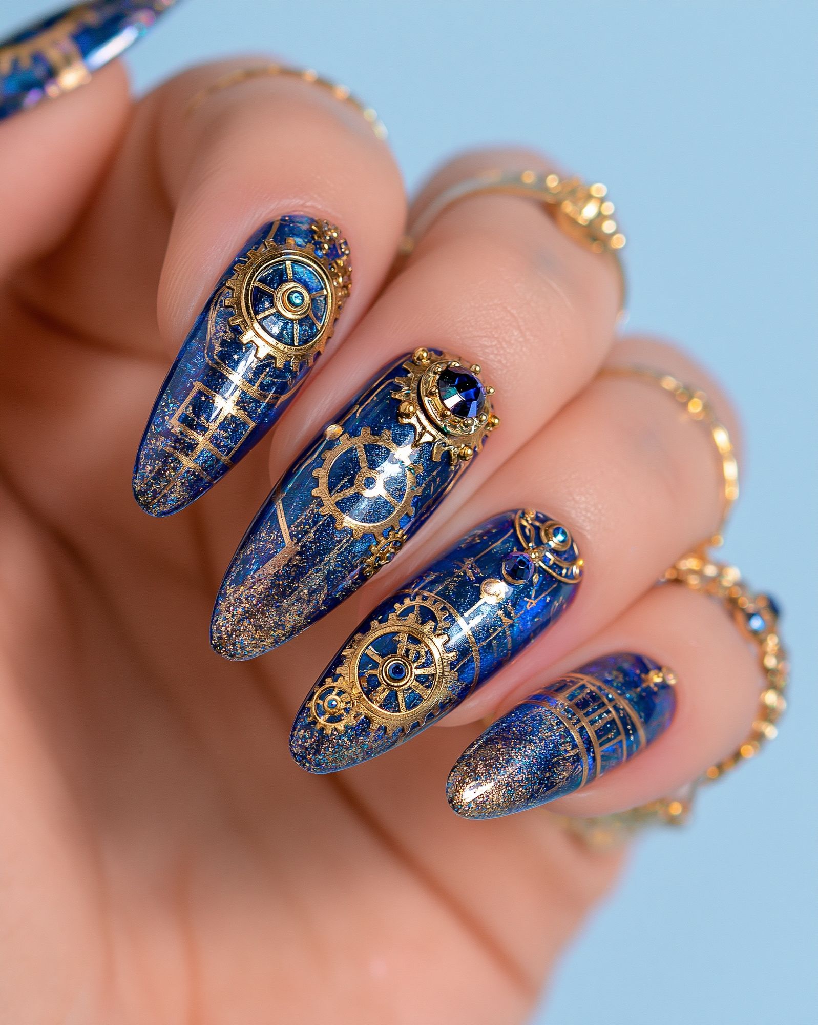 Blue Steampunk Nail Art Photography Poster. poster detail