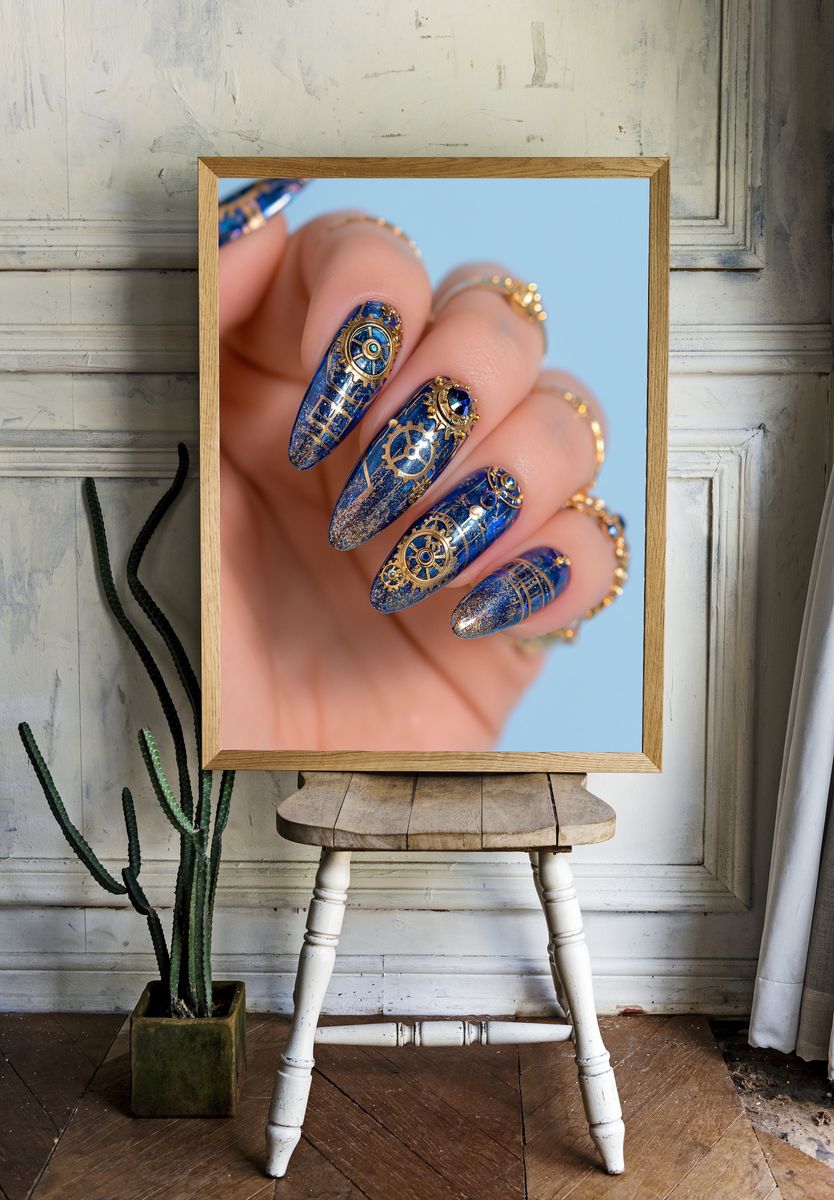 Blue Steampunk Nail Art Photography Poster. room preview