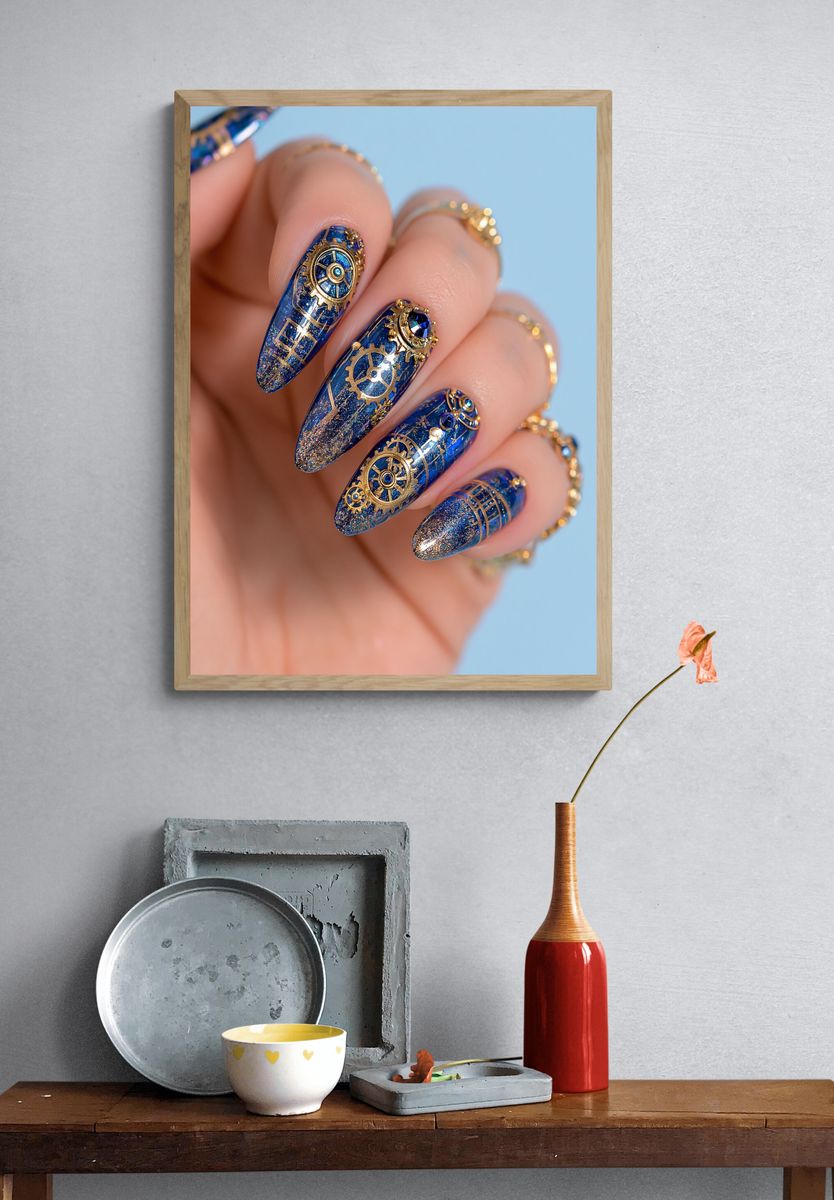 Blue Steampunk Nail Art Photography Poster. — room view 3