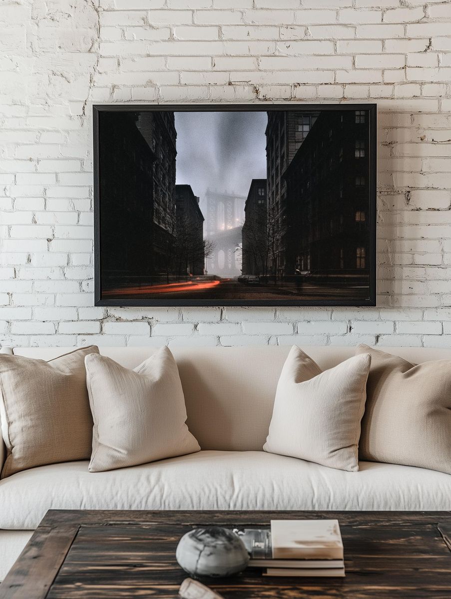 Brooklyn Bridge in Fog Poster. room preview