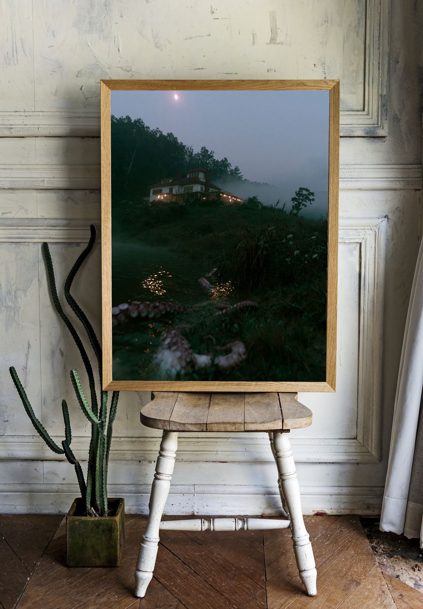 Misty Lakeside House Photography Poster. — room view 1
