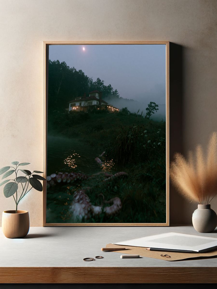 Misty Lakeside House Photography Poster. — room view 2