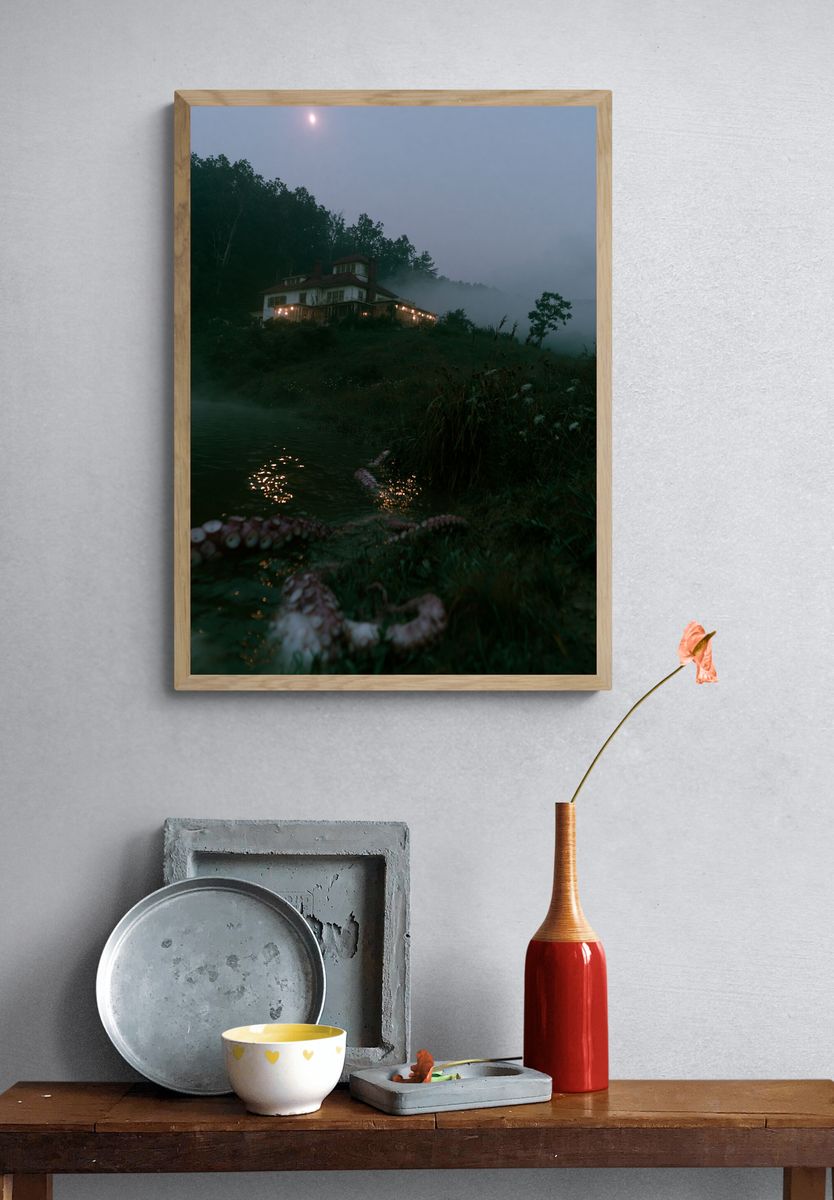 Misty Lakeside House Photography Poster. — room view 3