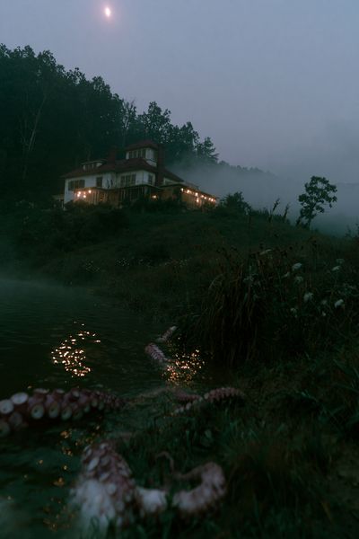 Misty Lakeside House Photography Poster.