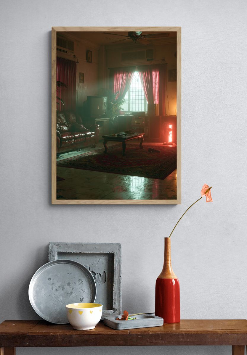 Neon Living Room Interior Poster. — room view 3
