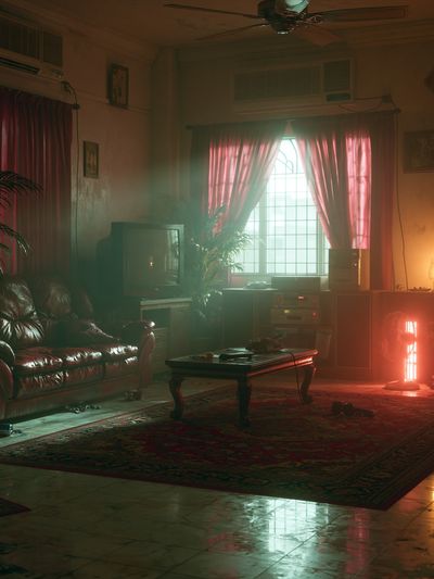 Neon Living Room Interior Poster. poster