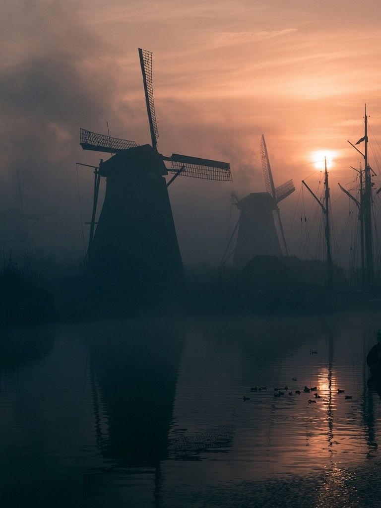 Misty Windmills at Sunset Poster. poster — photography art