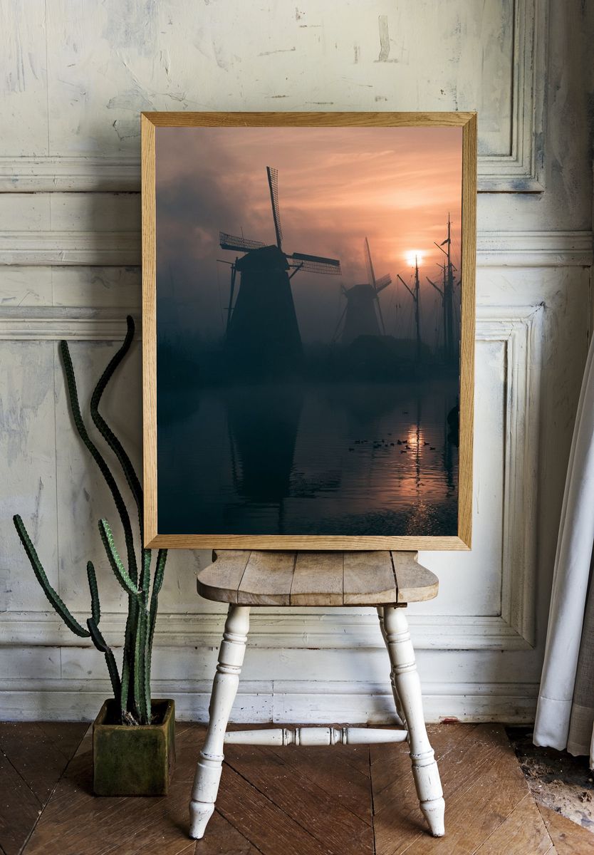 Misty Windmills at Sunset Poster. — room view 1