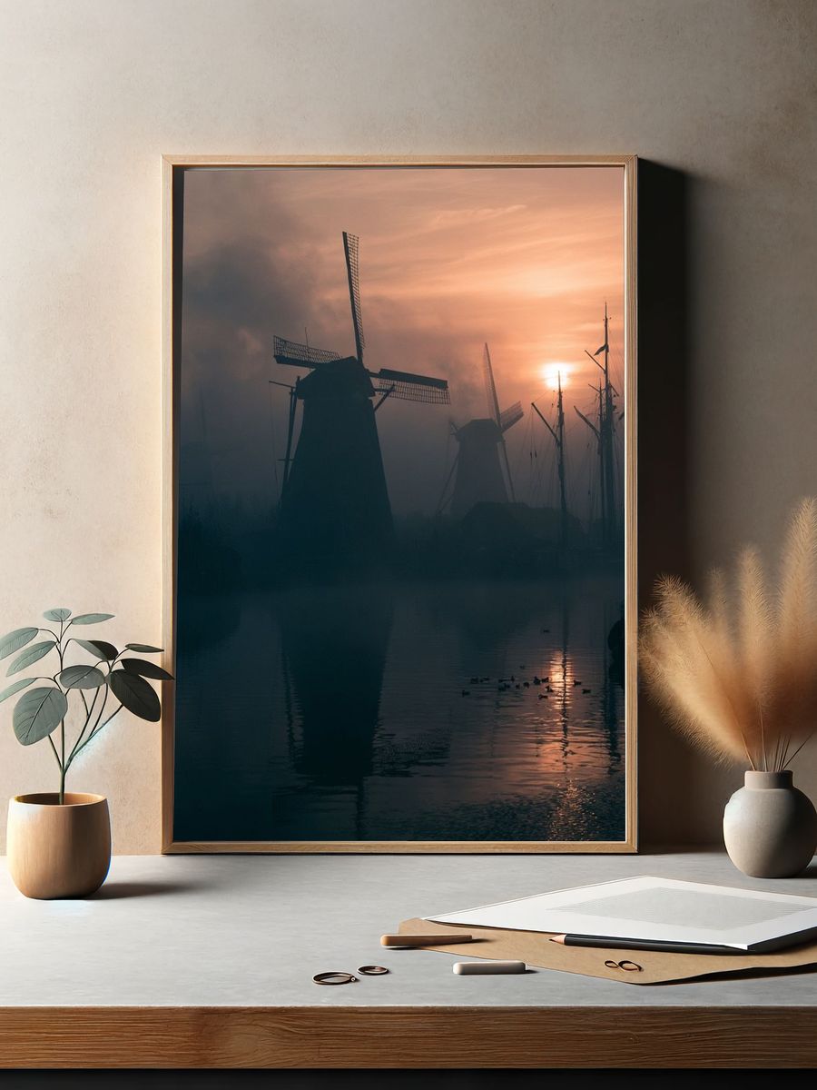 Misty Windmills at Sunset Poster. — room view 2