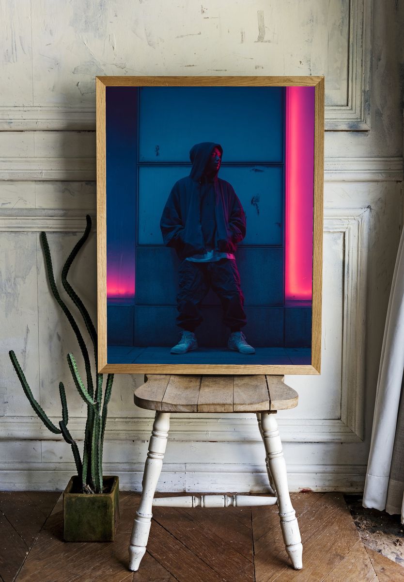 Neon Hooded Figure Photography Poster. — room view 1