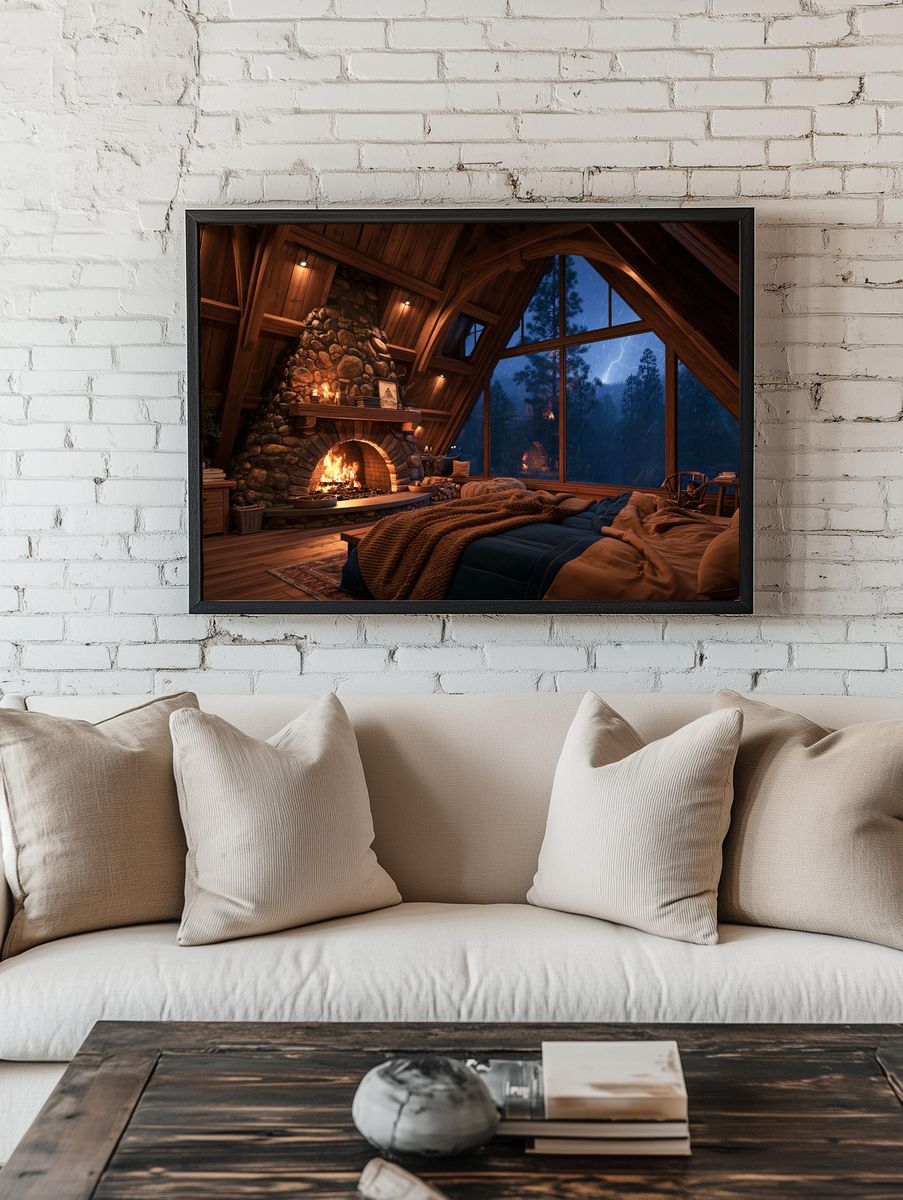 Cozy Cabin Fireplace — Photography Print. room preview