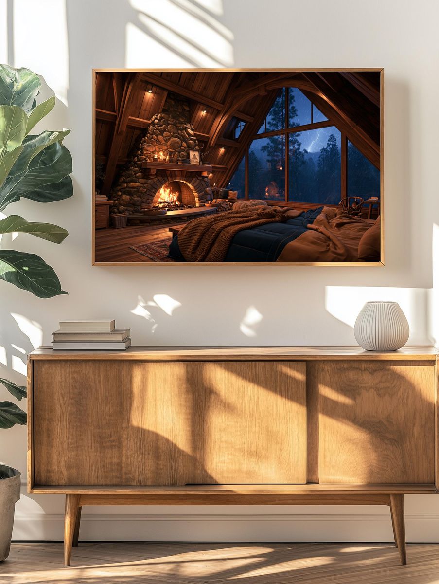 Cozy Cabin Fireplace — Photography Print. — room view 3