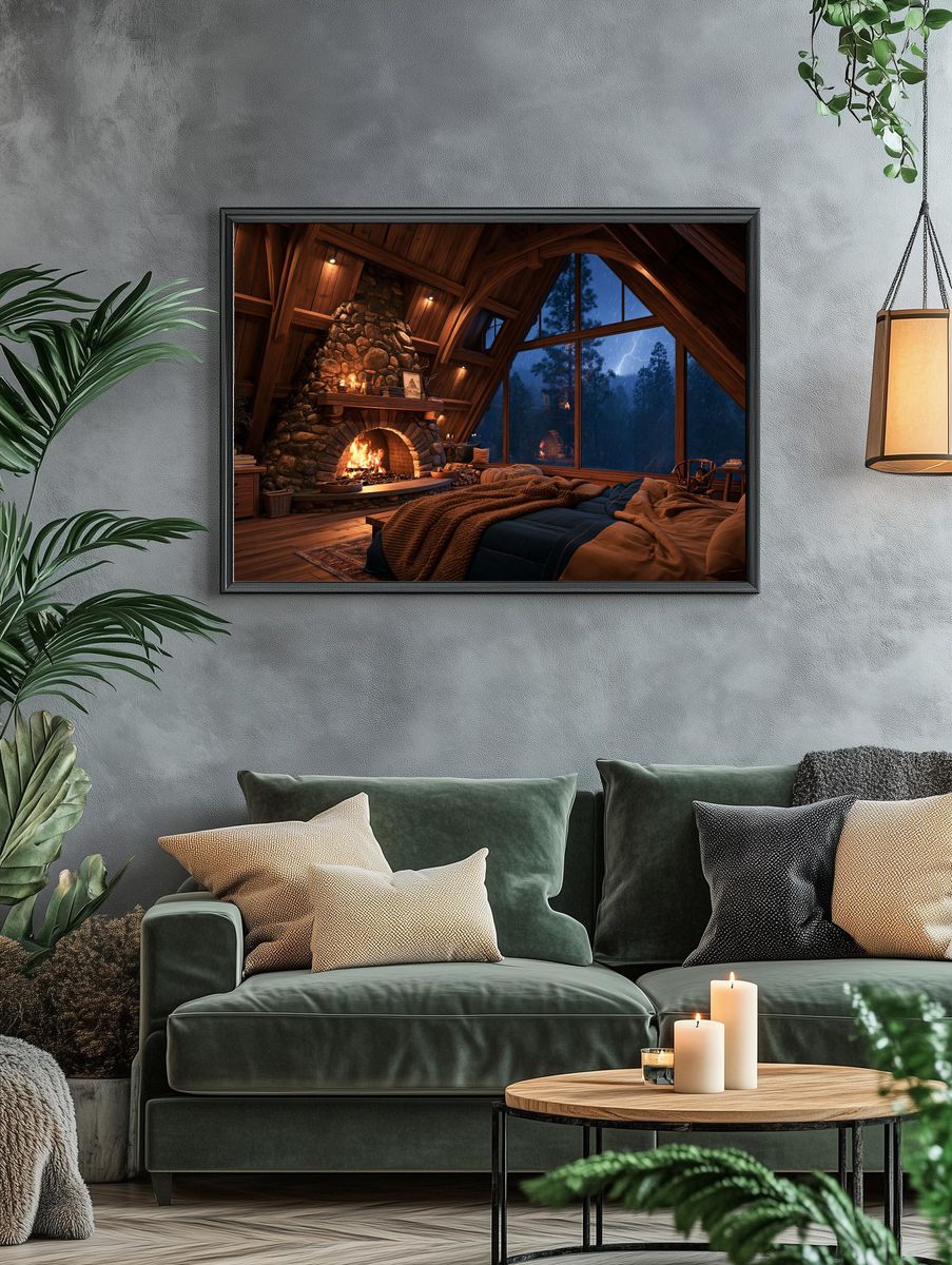 Cozy Cabin Fireplace — Photography Print. — room view 4