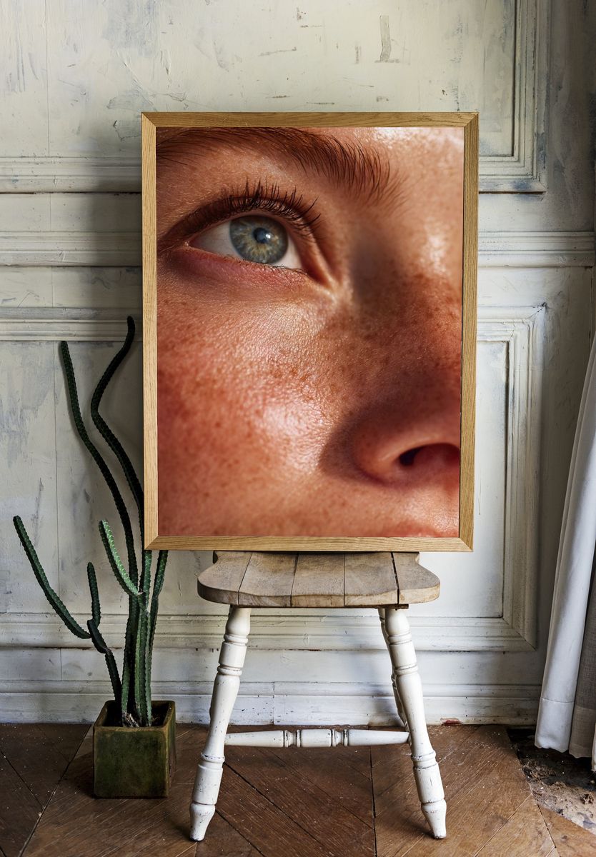Freckled Face Close-Up Photography Poster. — room view 1