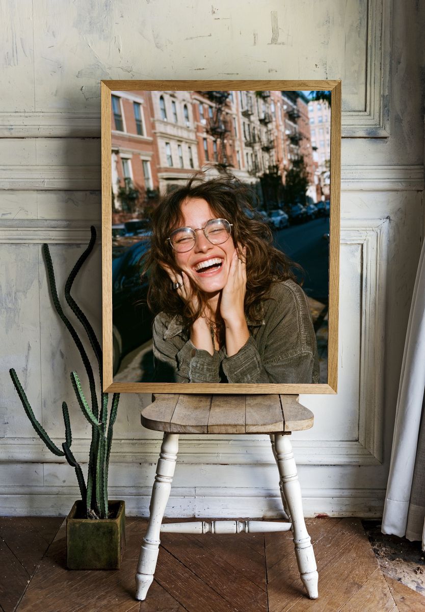 Smiling Woman in City Street Poster. — room view 1