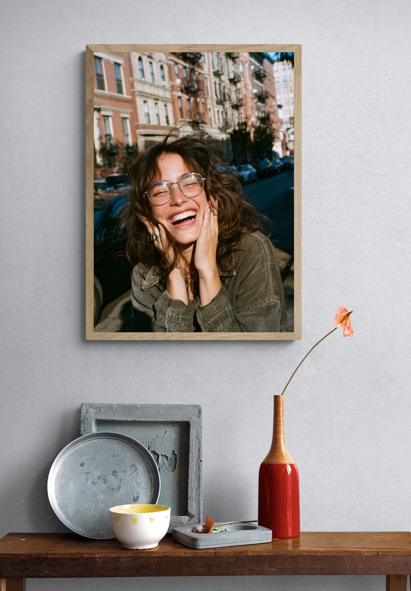 Smiling Woman in City Street Poster. — room view 3