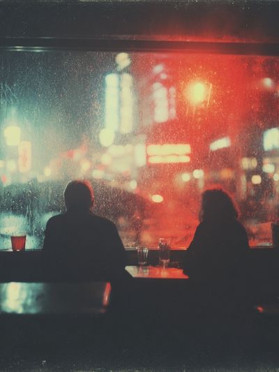 Rainy Neon Cafe Photography Poster. poster