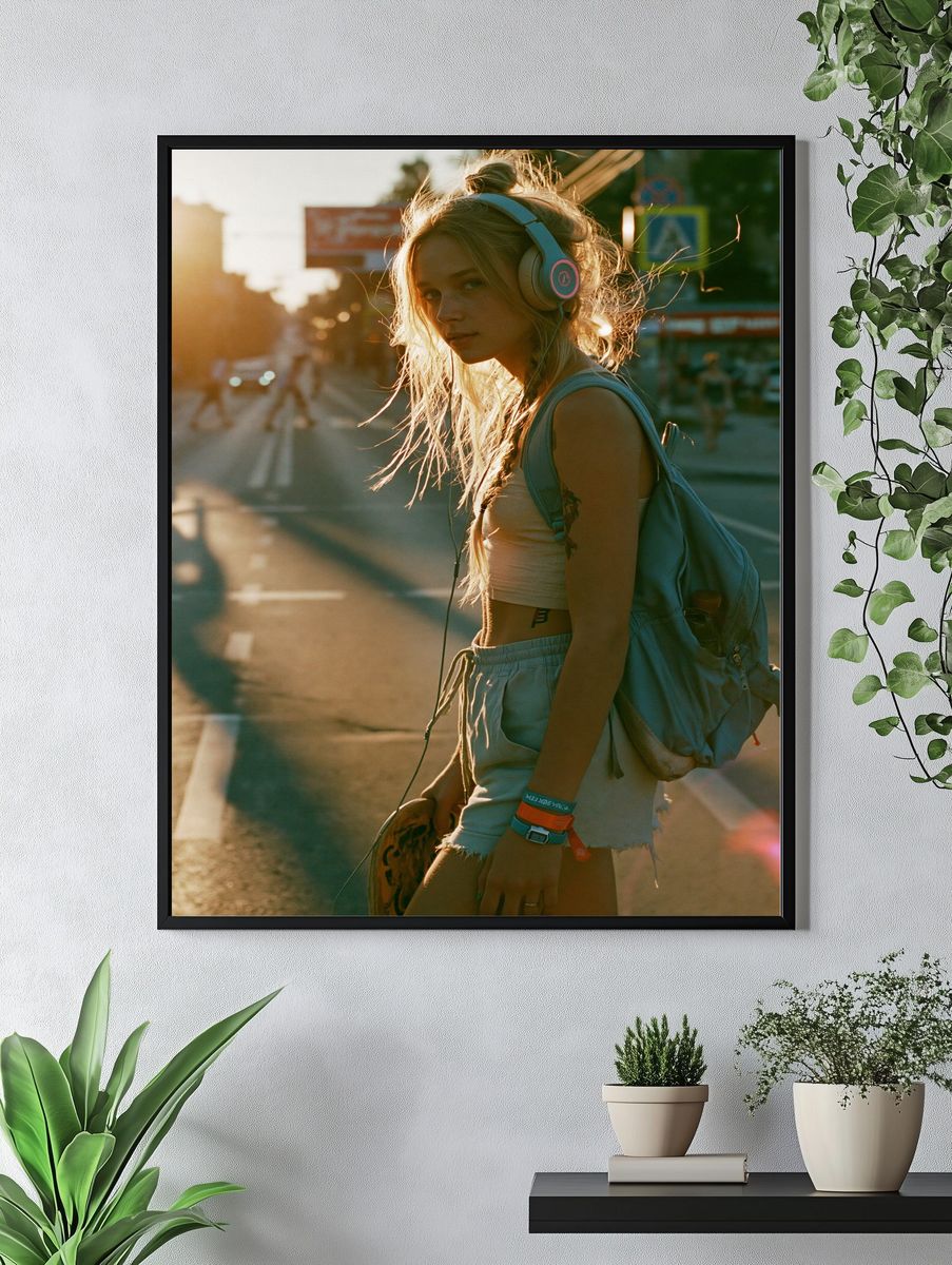 Sunlit Skateboard Girl Photography Poster. — room view 4