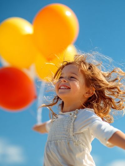 Joyful Child with Balloons Photography Poster. poster print