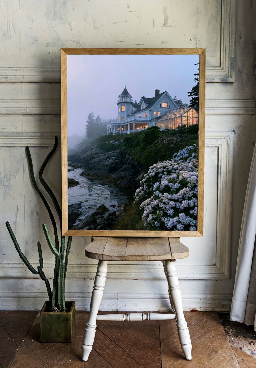 Misty Coastal House Photography Poster. — room view 1