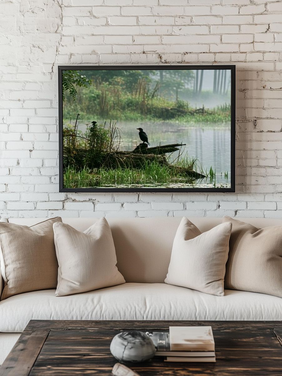 Misty Lakeside Bird Photography Poster. room preview